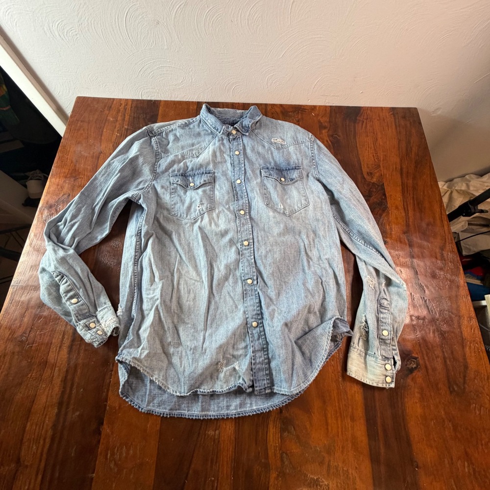 Gap Denim Slim Fit Western Shirt Light Wash Distressed Pearl Snap Mens Large